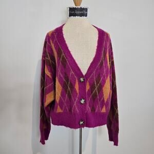 DAYDREAMER Women's Argyle Cardigan Fuchsia Sunset Wool Blend Sweater Sz Small